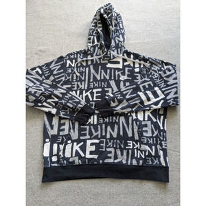 Nike Hoodie Fleece Sweatshirt Mens Size L Black Spell out Nike All Over Y2K